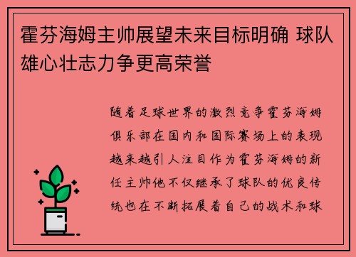 霍芬海姆主帅展望未来目标明确 球队雄心壮志力争更高荣誉